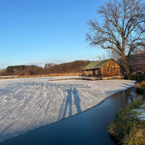 Zimowy warsztat jogi, zajęcia w przeszklonej sali do jogi Zagrodzie Ojrzanów